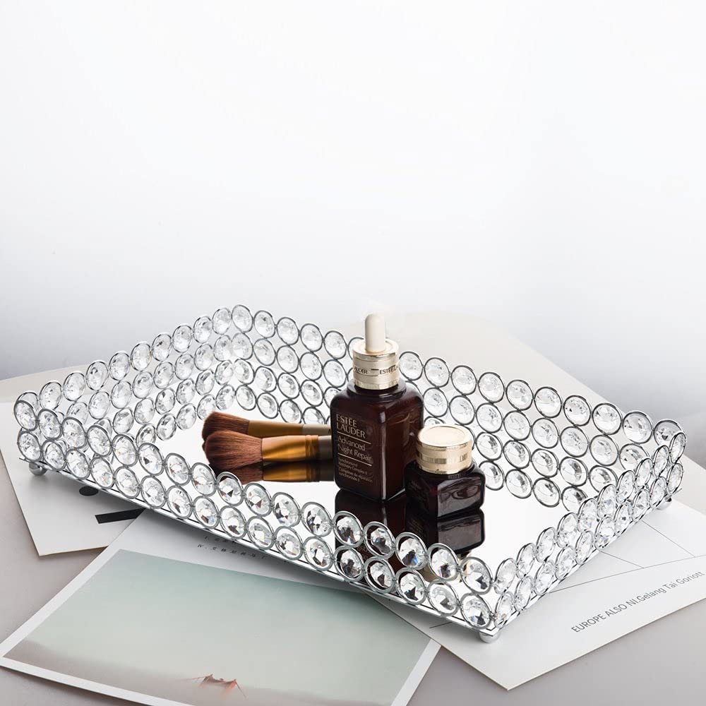 Feyarl Large Crystal Cosmetic Perfume Vanity Makeup Tray Mirrored Jewelry Trinket Rings Earrings Tray Organizer Storage Decorati